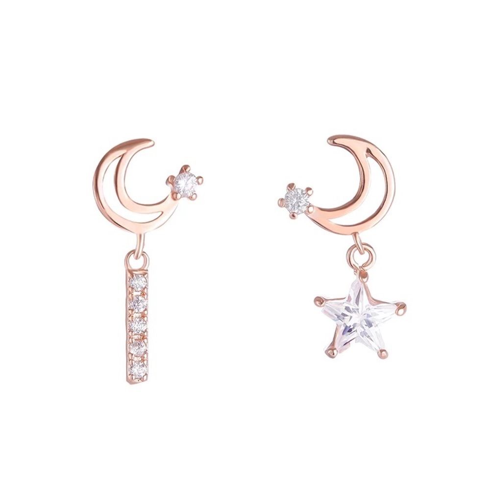 Asymmetric Rose Gold Star Moon Stud Earrings - Picture 2 of 8